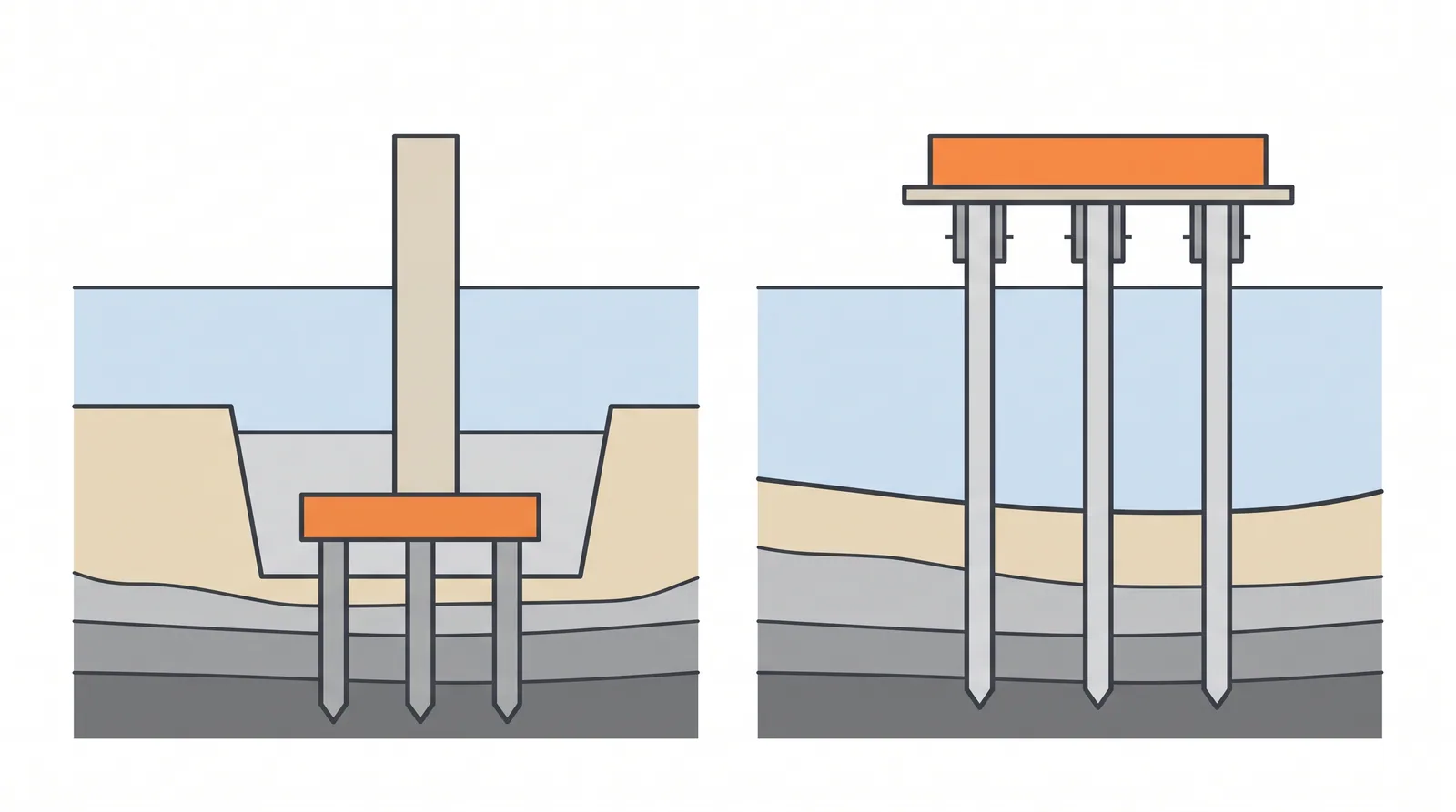 Pile caps in water — concept diagram