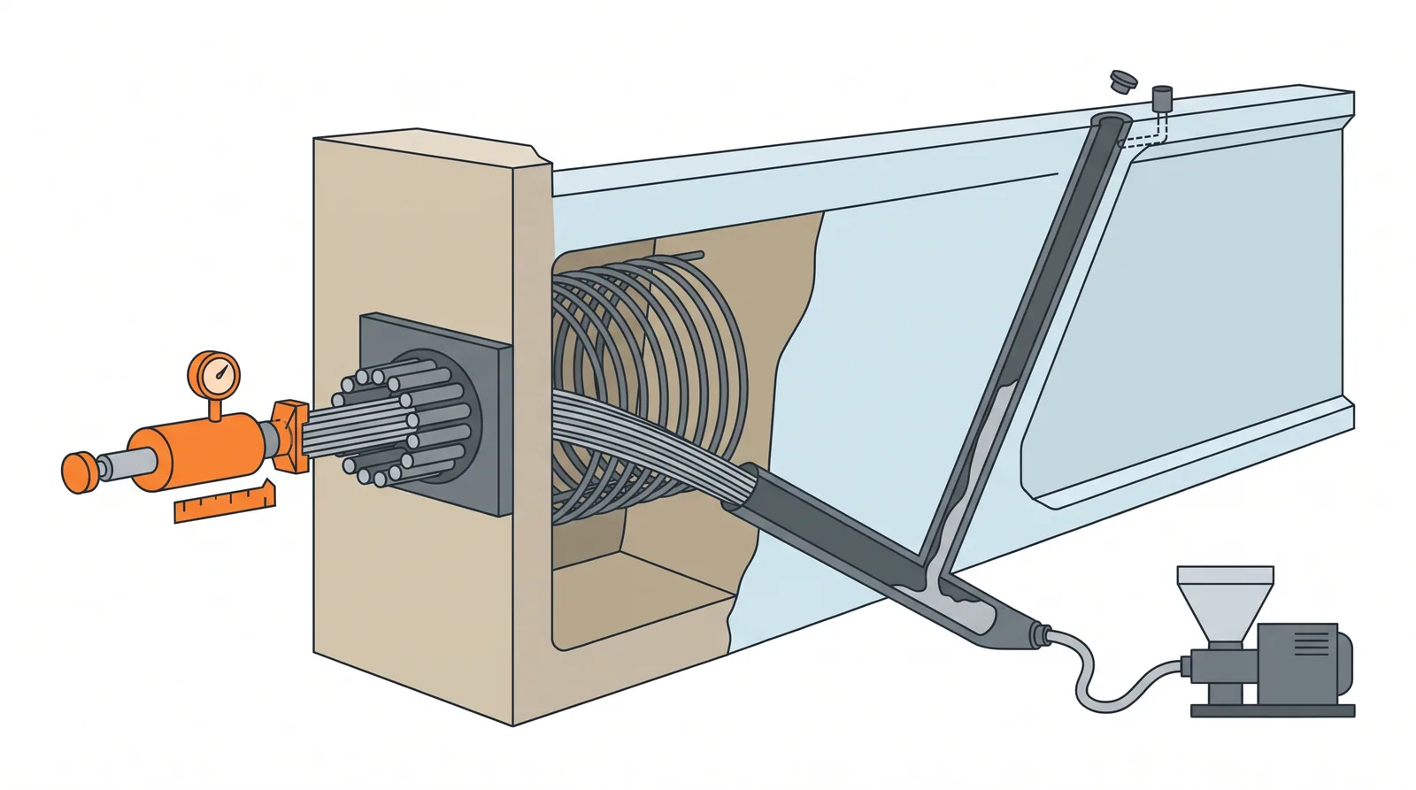 Post-tensioning: tendons, stressing and grouting — concept diagram