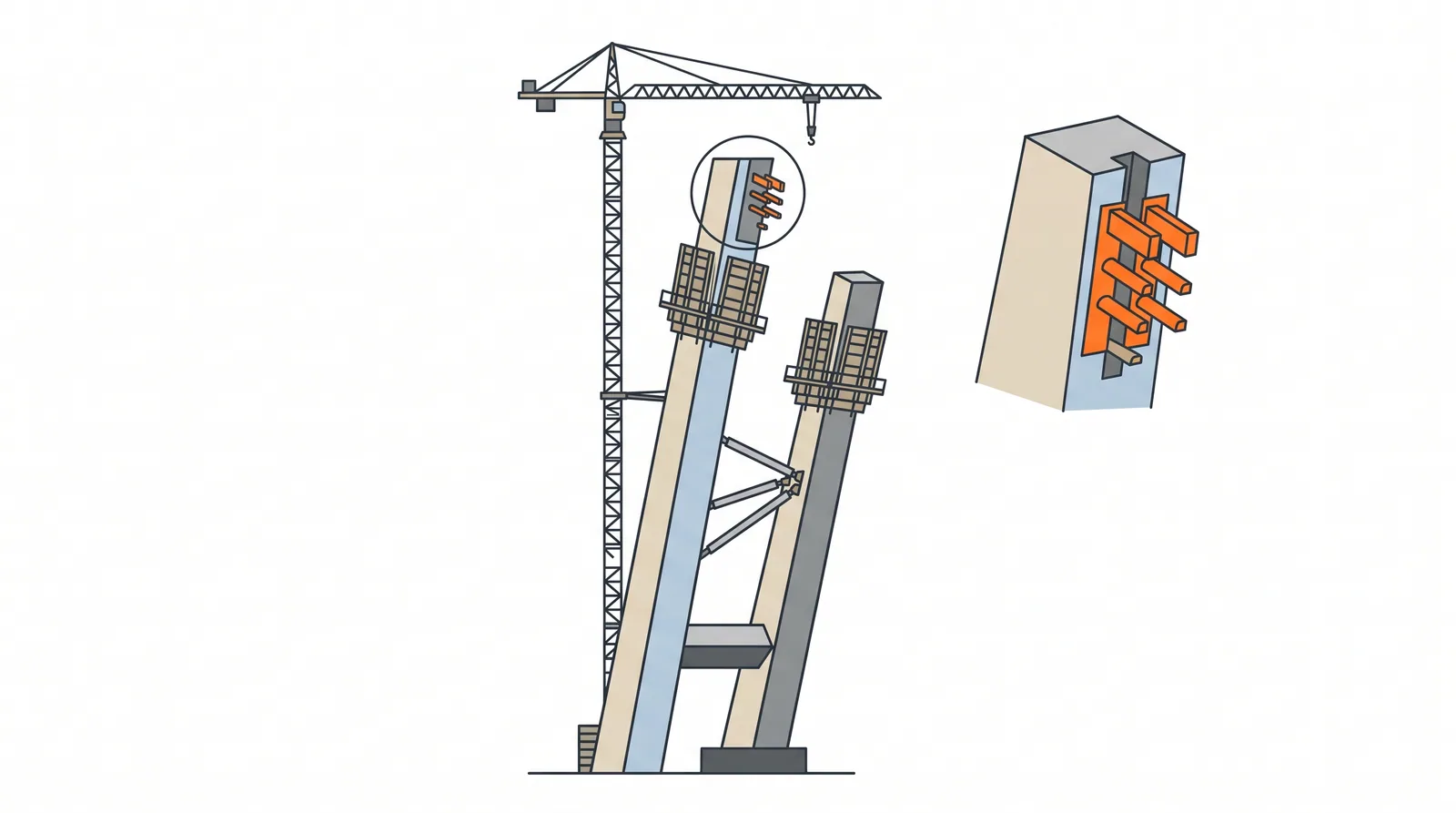 Pylon construction: concrete, anchorage zones and geometry — concept diagram