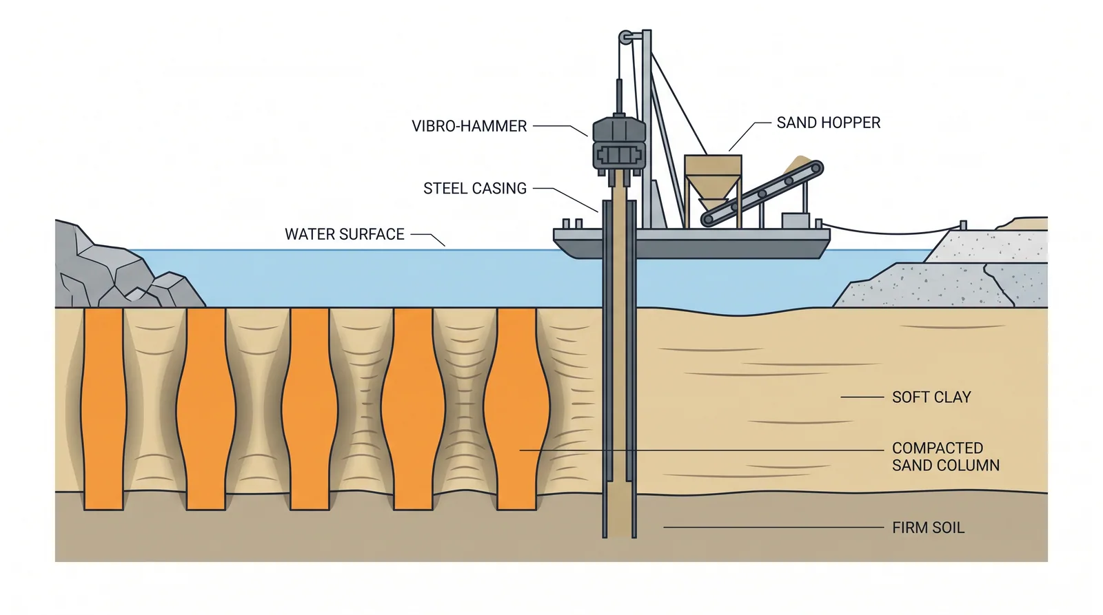Sand compaction piles — concept diagram