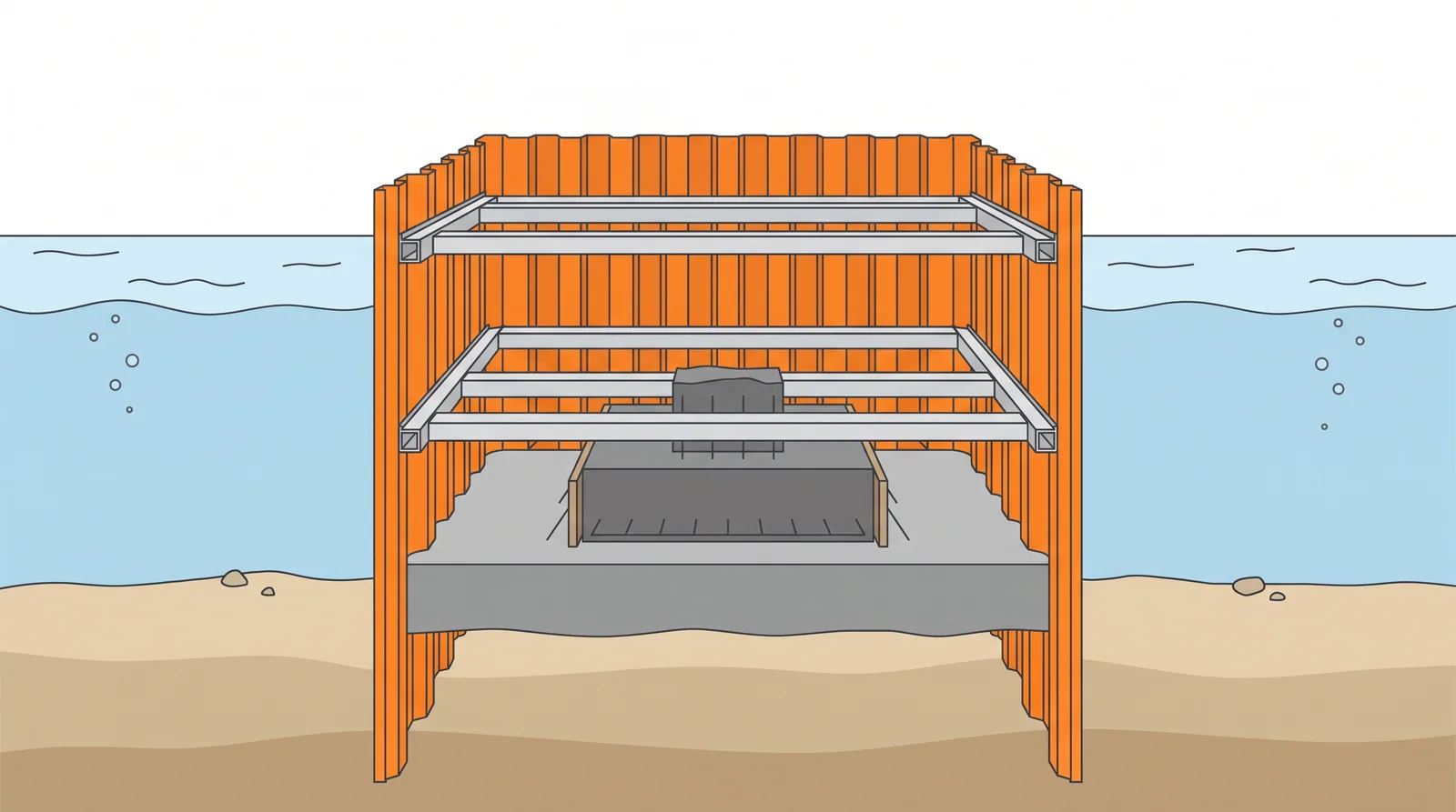 Sheet-pile cofferdam — concept diagram