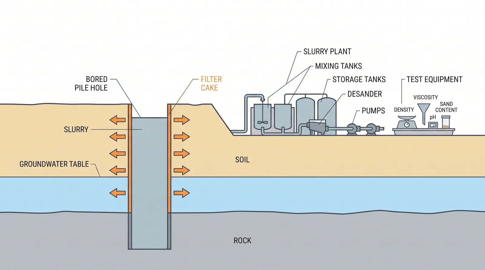 Bentonite and polymer slurry stabilisation — concept diagram