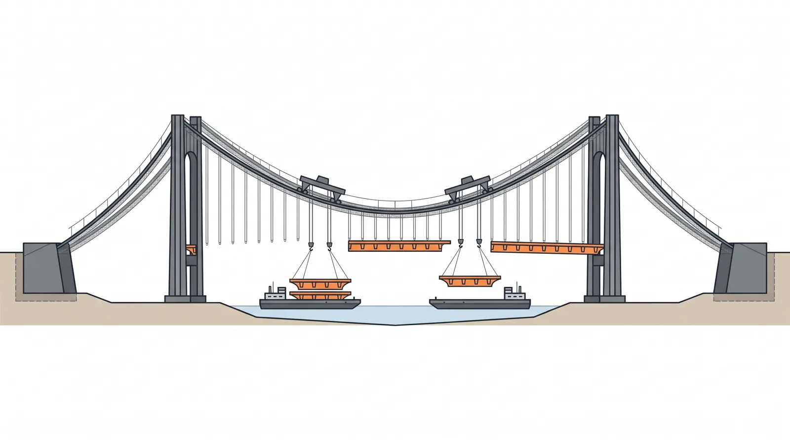 Suspension bridge erection: cables, hangers and deck — concept diagram