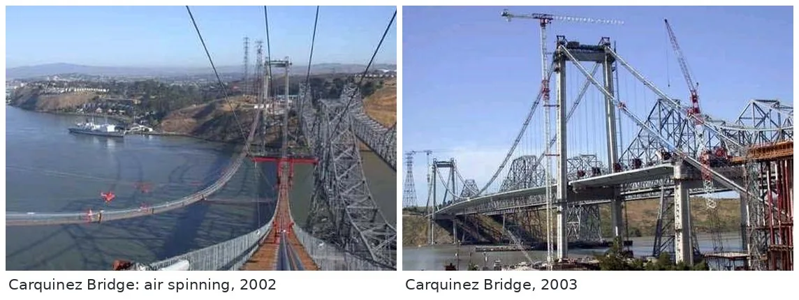 Air spinning came back to the United States on the new Carquinez Bridge in California (2002 to 2003), the first new long-span suspension bridge there in decades